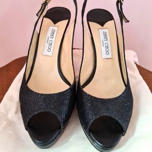 Jimmy Choo black glitter fabric sandals
